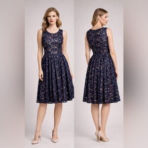 Coco Couture Navy Lace Fit & Flare Open Back Cocktail Gala Dress Size 10